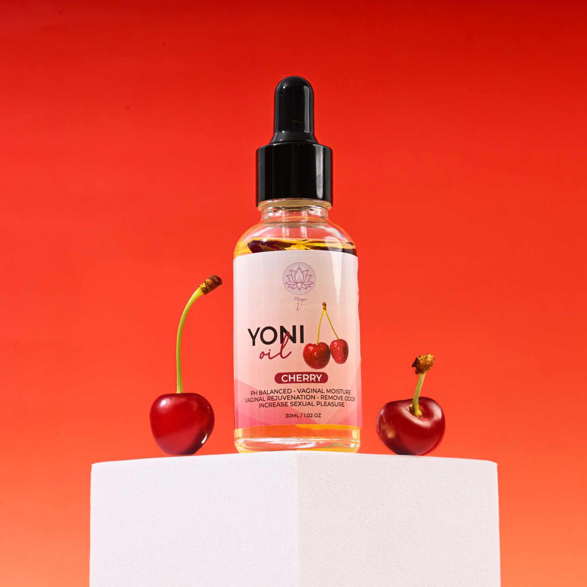 Hydrating yoni oil for feminine care with cherry and essential oils promoting intimate wellness