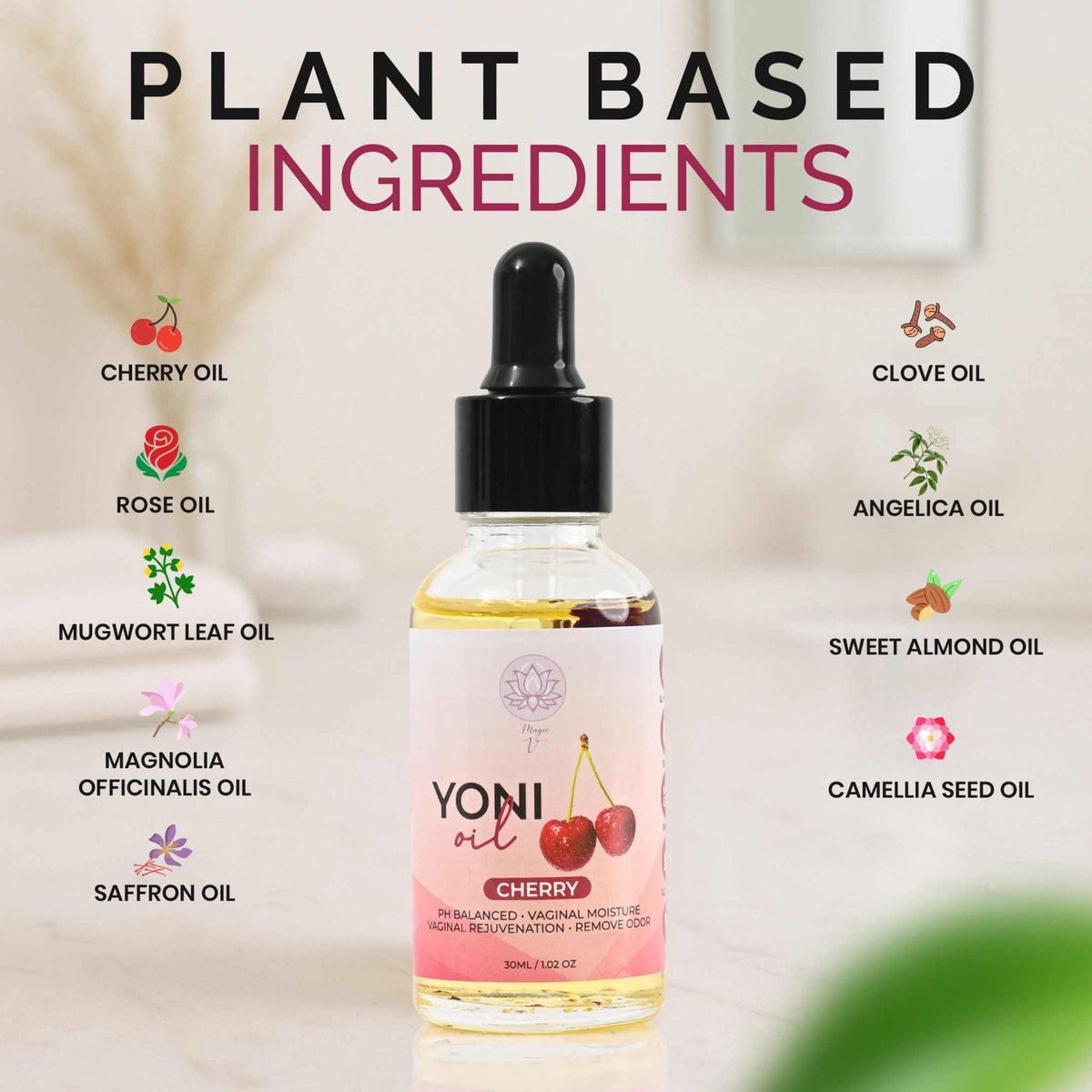 Hydrating yoni oil for feminine care with cherry scent promoting intimate wellness and skin hydration
