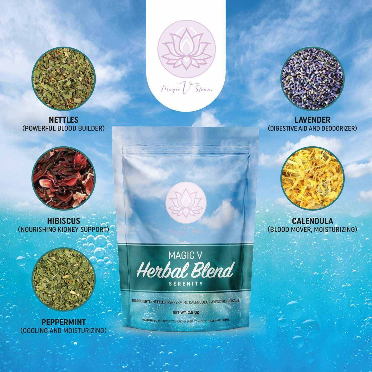 Magic V Steam Serenity Herbs blend with 6 herbal steam bags for easy vaginal cleansing and menstrual relief