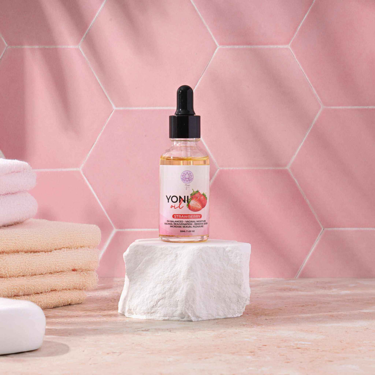 Strawberry yoni oil hydrating intimate wellness feminine care bottle