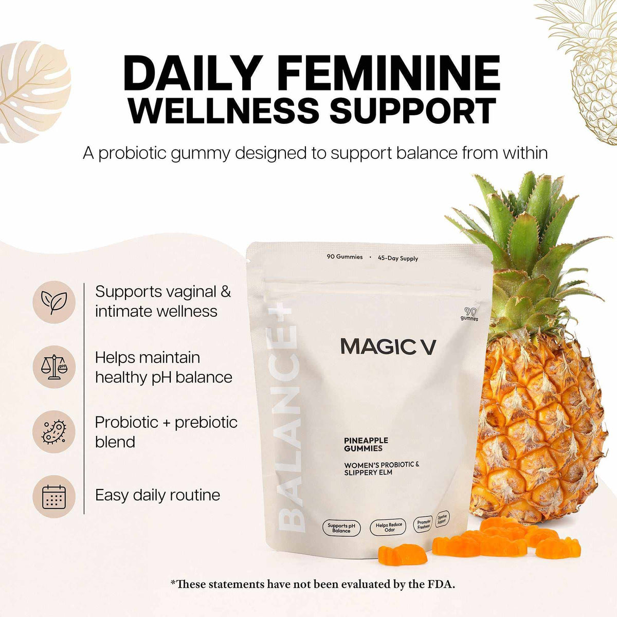 Premium Feminine Balance Gummies for vaginal health, pH support, immunity, and hormonal balance, tropical pineapple flavor, vegan and gluten-free.