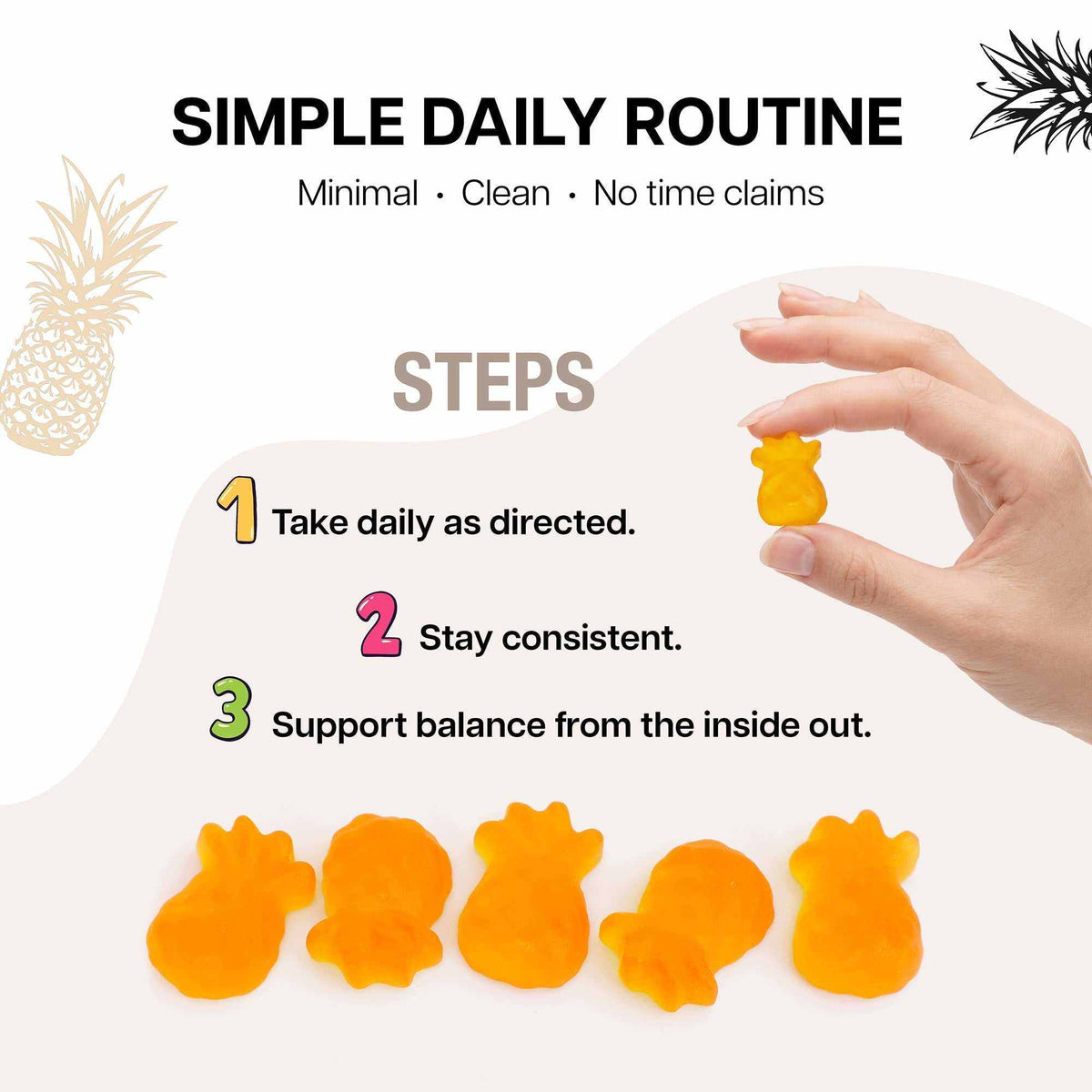 Premium Feminine Balance Gummies for women's vaginal health, pH support, hormonal balance, vegan and gluten-free tropical pineapple flavor, 90 gummies, 45 servings