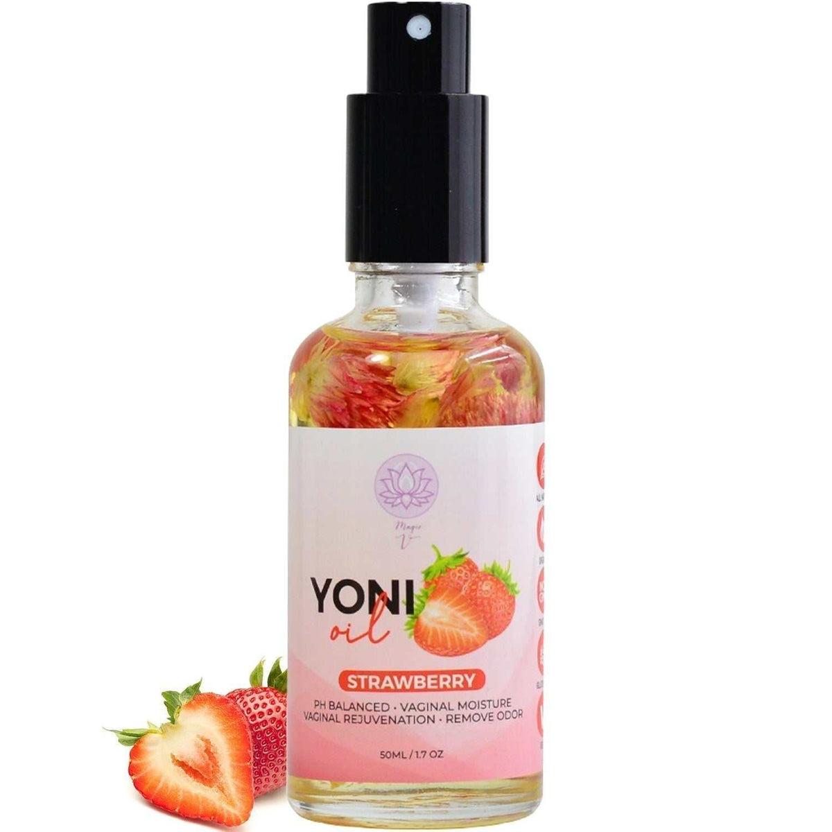 Magic V hydrating yoni oil spray with strawberry scent for feminine care and freshness